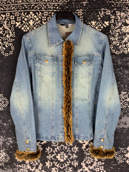 Women's Y2K Style Denim Button-Up with Faux Fur Trim