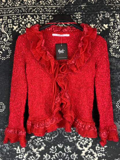 Romantic Vintage Red Knit Cardigan with Ruffle Trim