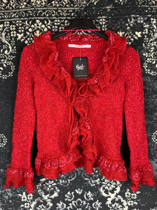 Romantic Vintage Red Knit Cardigan with Ruffle Trim