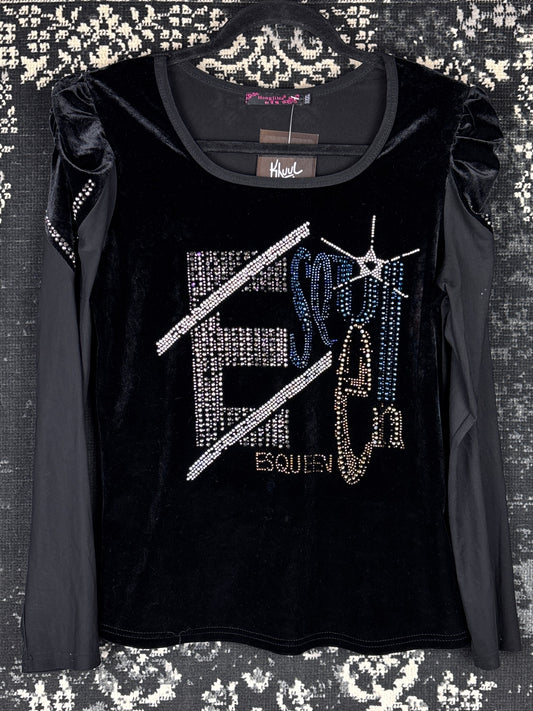 Women's Y2K Black Velvet Longsleeve Top with Beaded Front