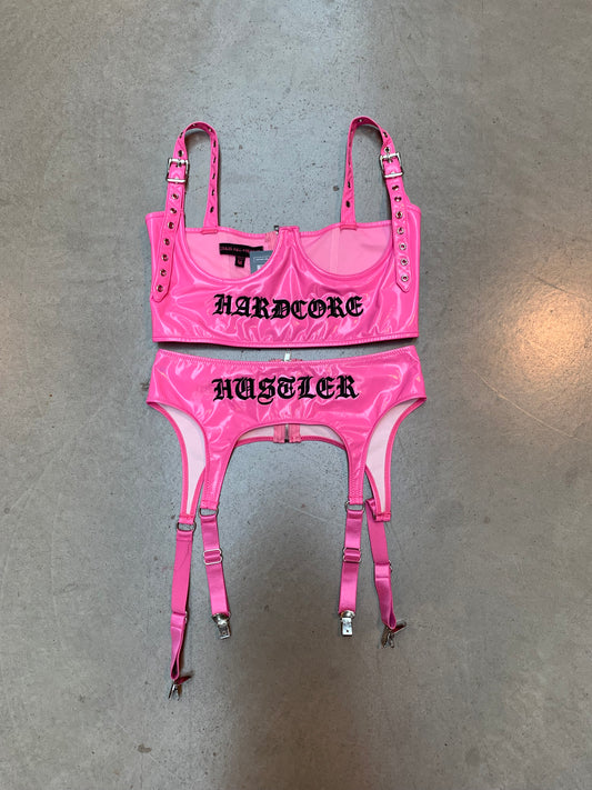 Dolls Kill x Hustler Pink Vinyl Bralette and Garter Belt Set