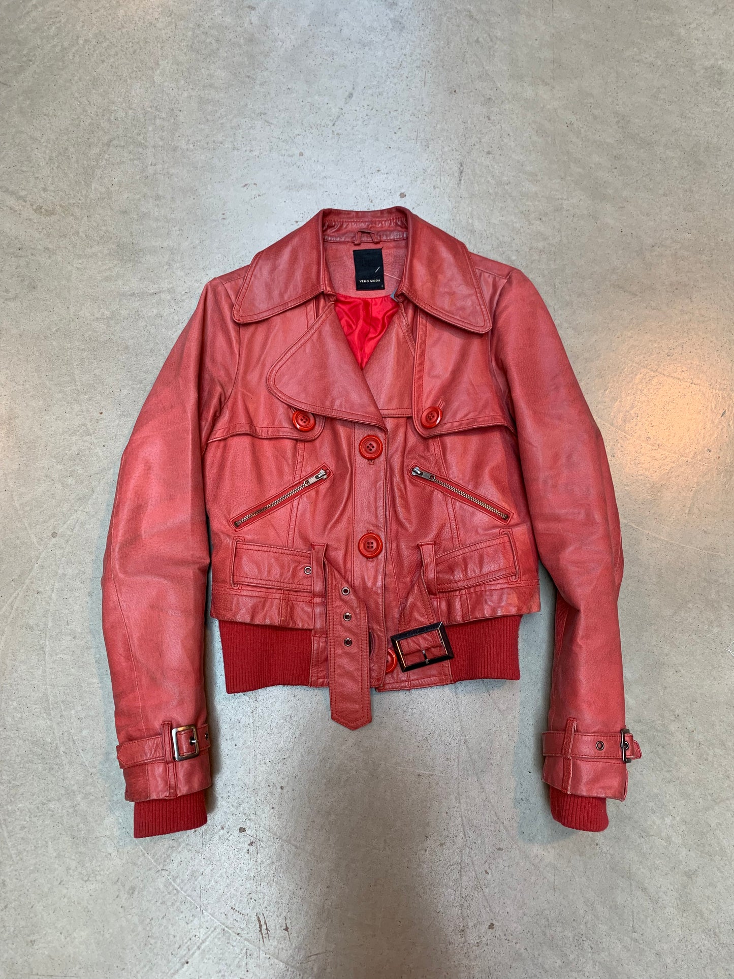 Vero Moda Women's Red Cropped Leather Jacket