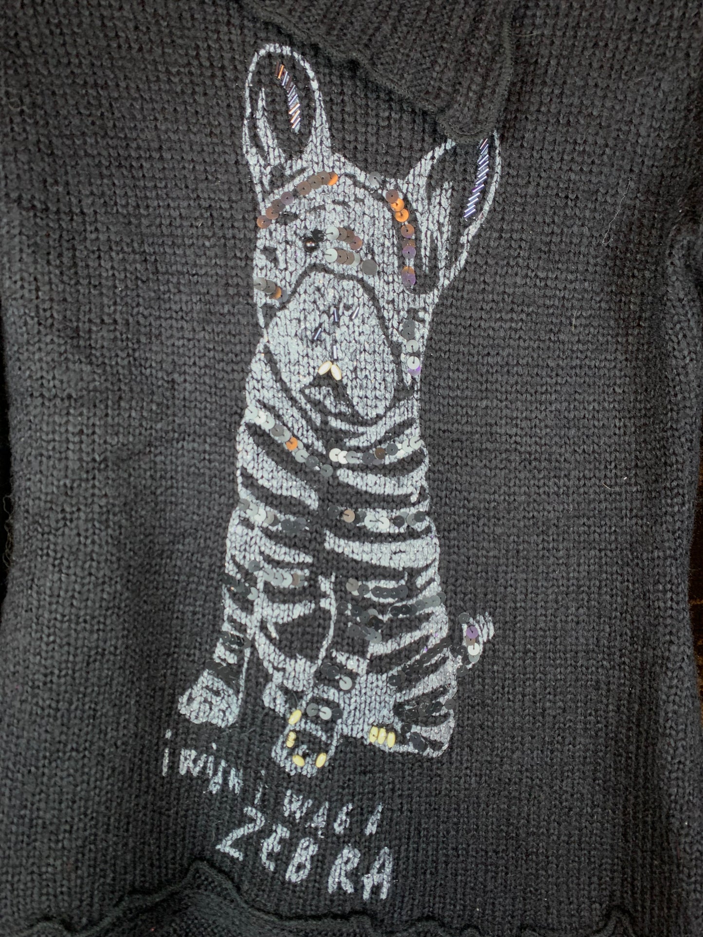 Women's Black Y2K Dog Print Beaded Sequin Knit Sweater