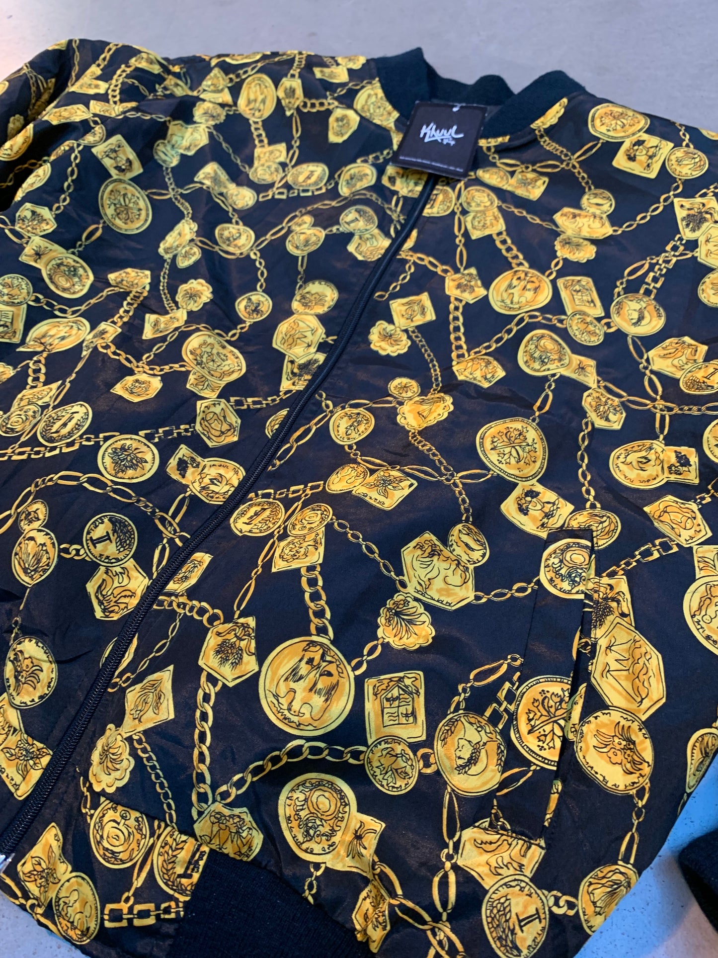 Vintage Black Bomber Jacket With Gold Chain