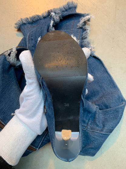 Y2K Women's Thigh-High Distressed Denim Peep-Toe Boots