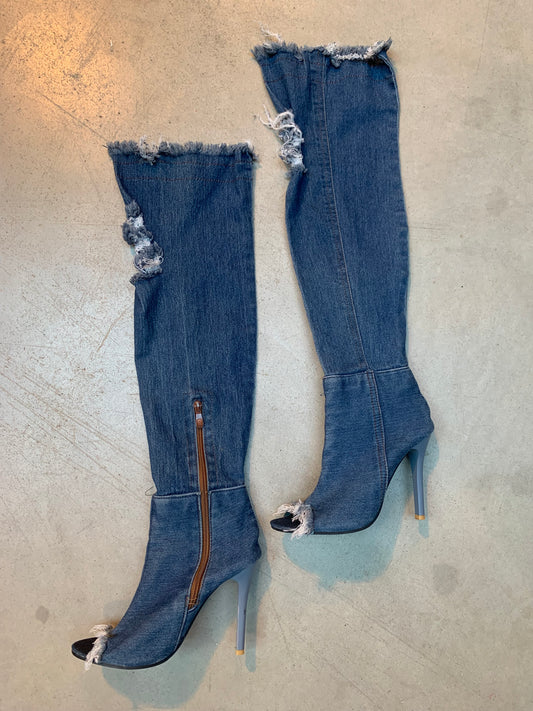 Y2K Women's Thigh-High Distressed Denim Peep-Toe Boots