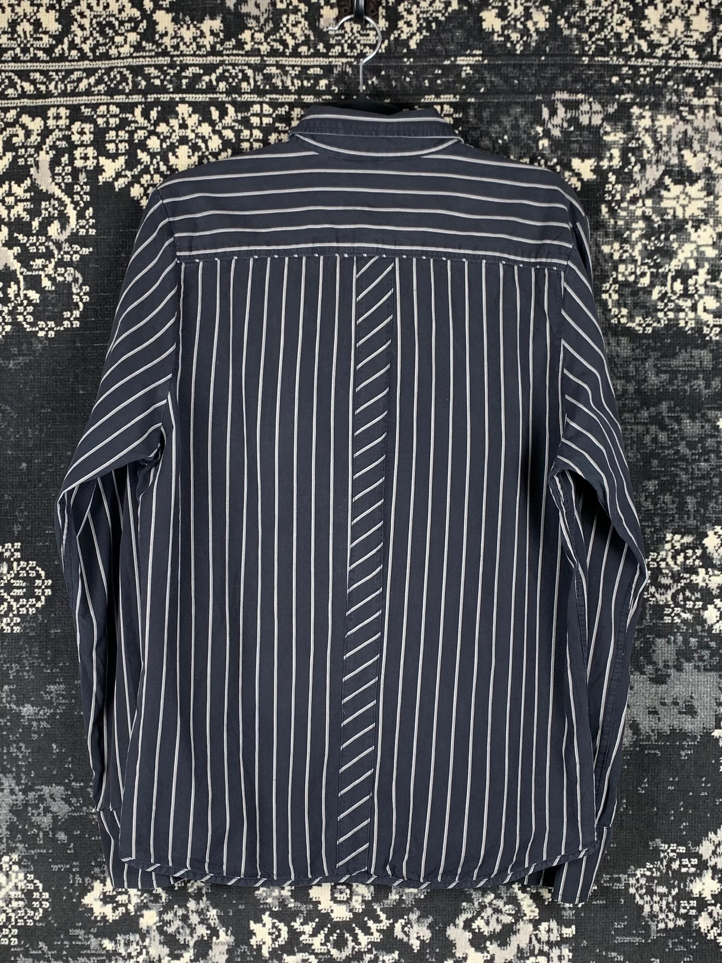 Men's Vintage Dark Blue Striped Longsleeve Button-Up