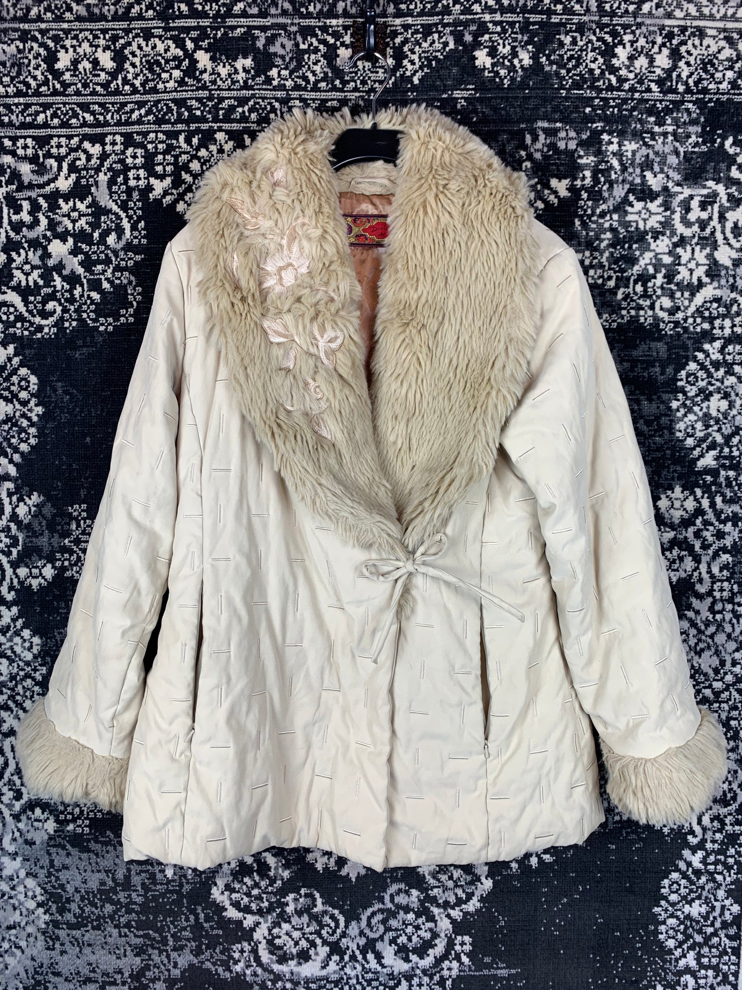Derhy Y2K Cream Faux Fur Collar & Cuff Jacket
