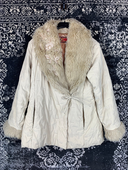 Derhy Y2K Cream Faux Fur Collar & Cuff Jacket