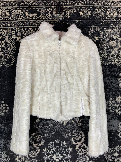 Womens White Faux Fur Zip Up Jacket