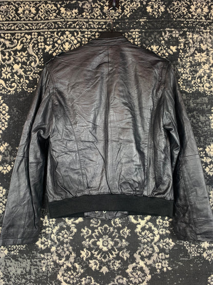 Black Moto-Style Leather Jacket with Zip Pockets