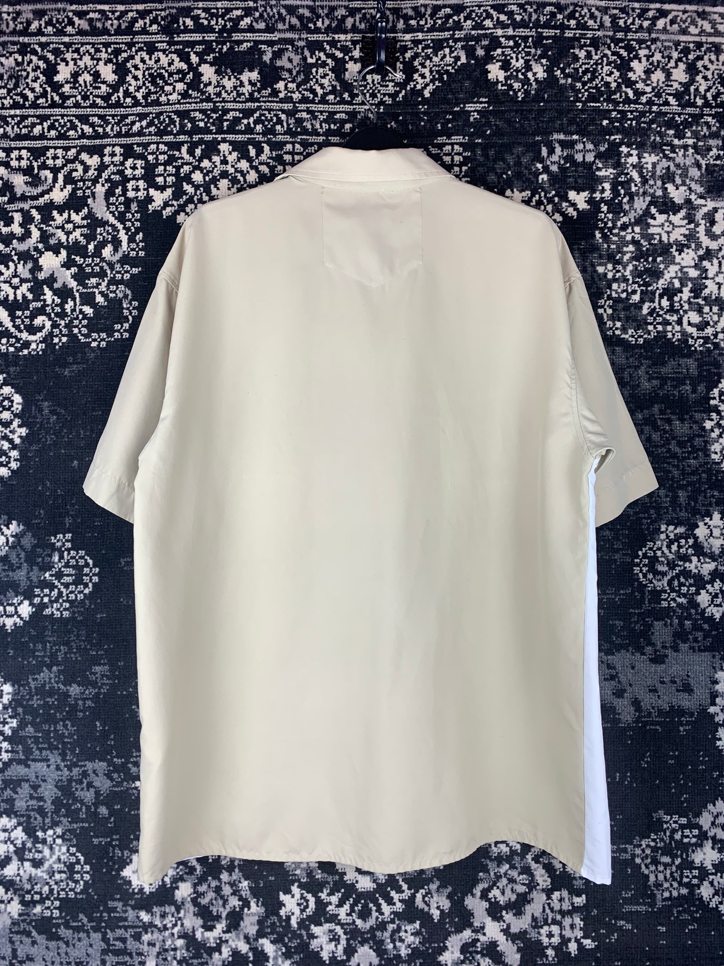 Y2K Men's White and Beige Embroidered Tribal Button-Up Shirt