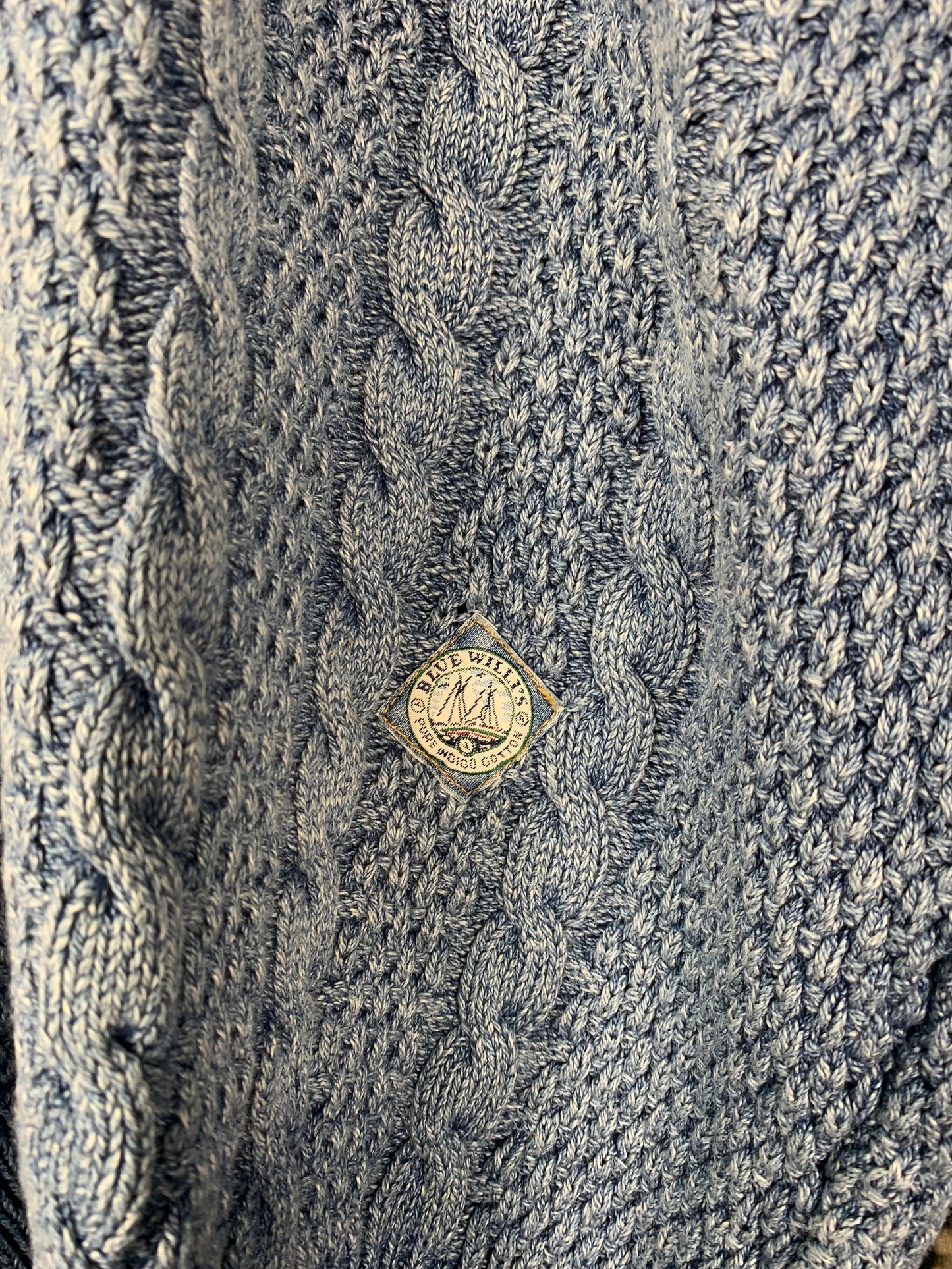 Men’s Vintage Blue Chunky Knit Sweater with Denim Collar