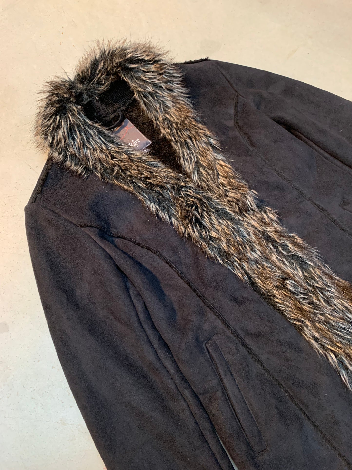 Vintage Women's Black Faux Suede Fur Trim Coat