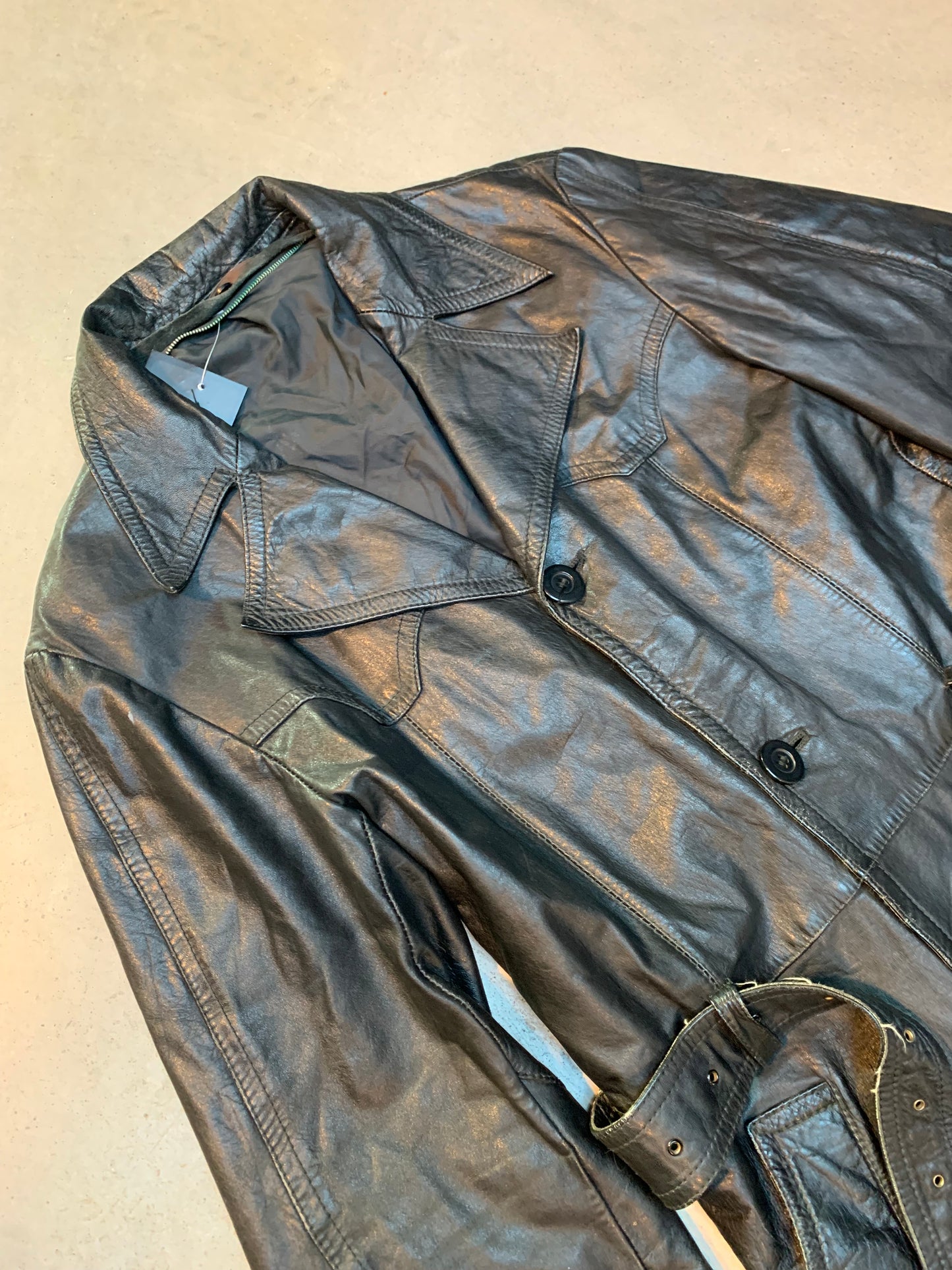 Women’s Vintage Black Leather Trench Coat with Belt