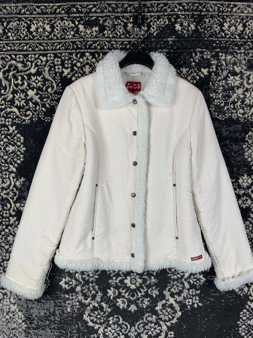 Women's japdt White Lambskin Button Up Coat