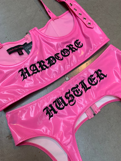 Dolls Kill x Hustler Pink Vinyl Bralette and Garter Belt Set