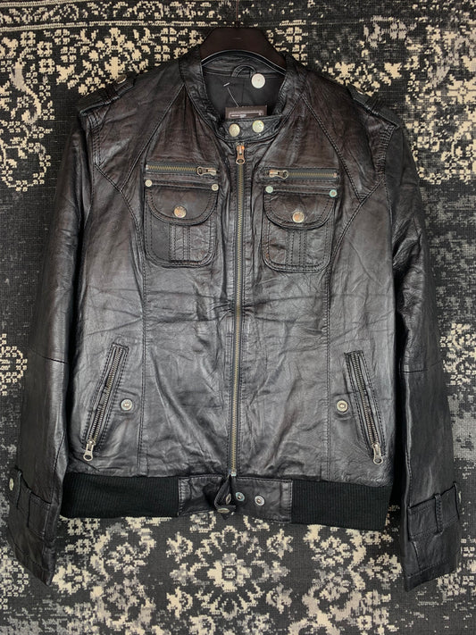 Black Moto-Style Leather Jacket with Zip Pockets