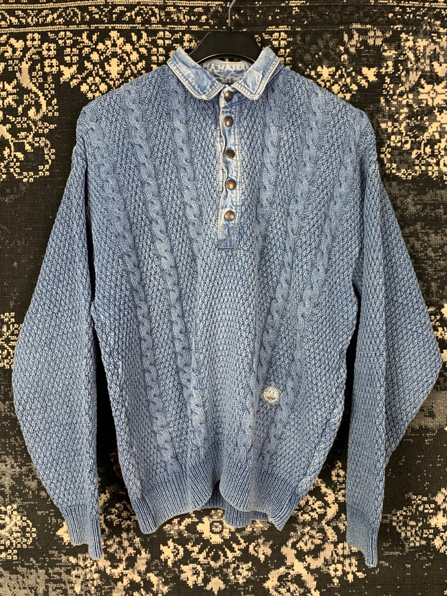 Men’s Vintage Blue Chunky Knit Sweater with Denim Collar