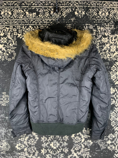 Women's Y2K Style Black Puffer Jacket with Faux Fur Trim