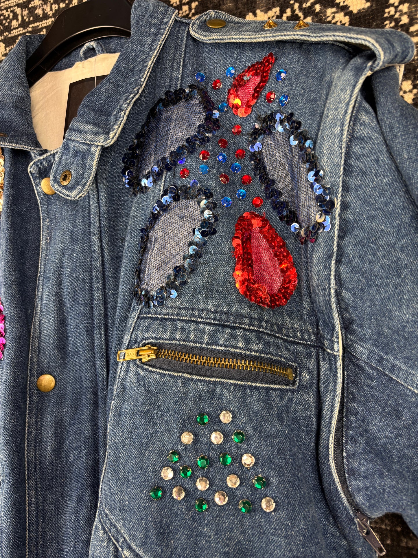 Women’s Y2K Denim Jacket with Beads and Detachable Sleeves