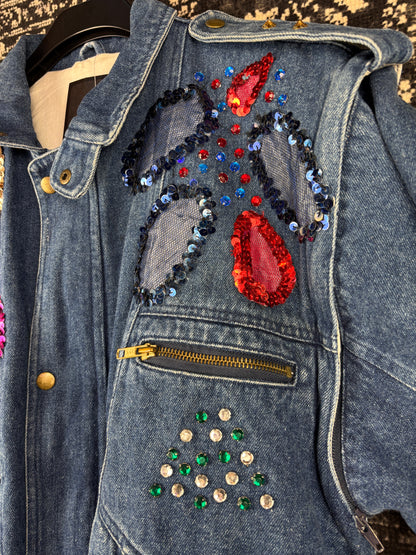 Women’s Y2K Denim Jacket with Beads and Detachable Sleeves