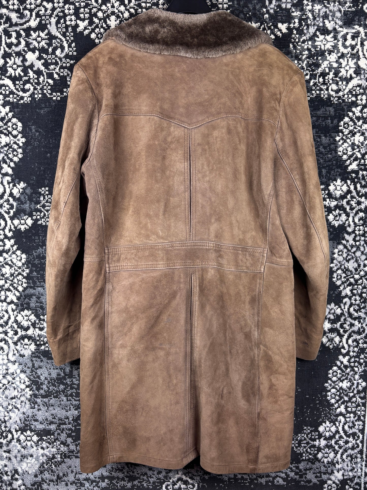 Women's Y2K Vintage Brown Faux Suede Long Coat with Soft Faux Fur Trim