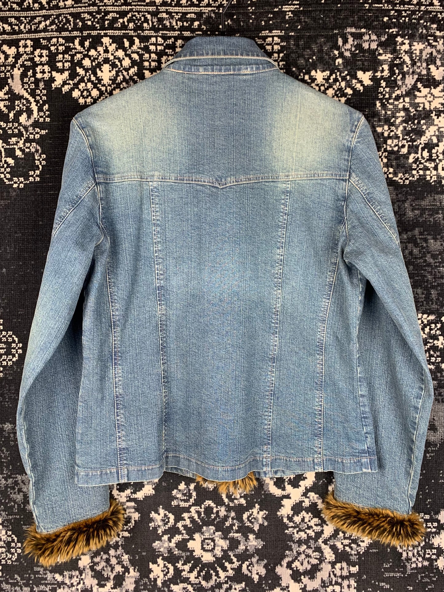Women's Y2K Style Denim Button-Up with Faux Fur Trim