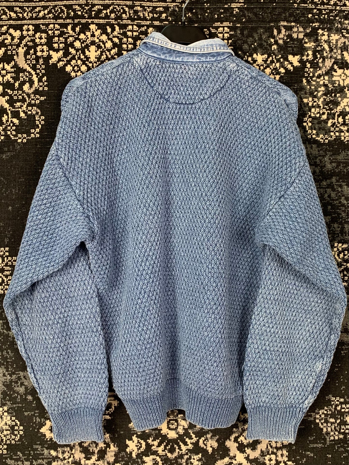 Men’s Vintage Blue Chunky Knit Sweater with Denim Collar
