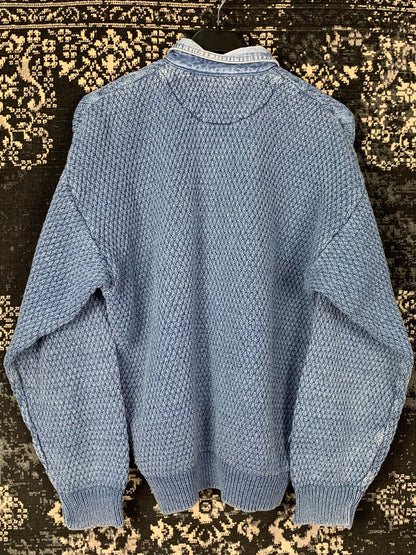 Men’s Vintage Blue Chunky Knit Sweater with Denim Collar
