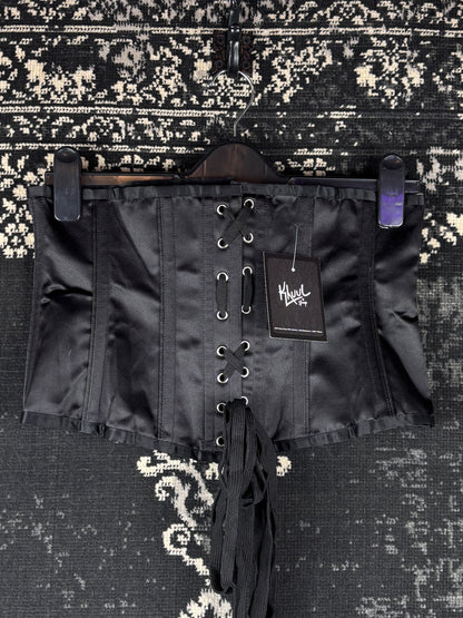 Women's Gothic Black Satin Corset Top With Purple Embroidery