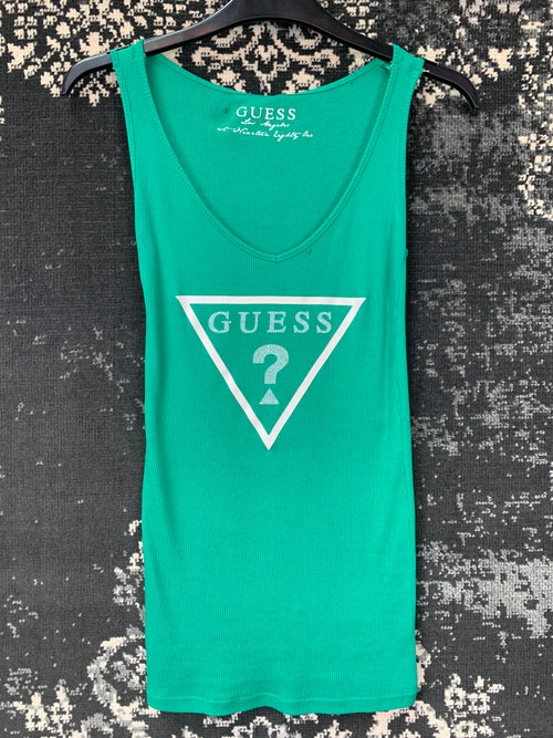 Women's Green Guess Sleeveless Ribbed Tank Top