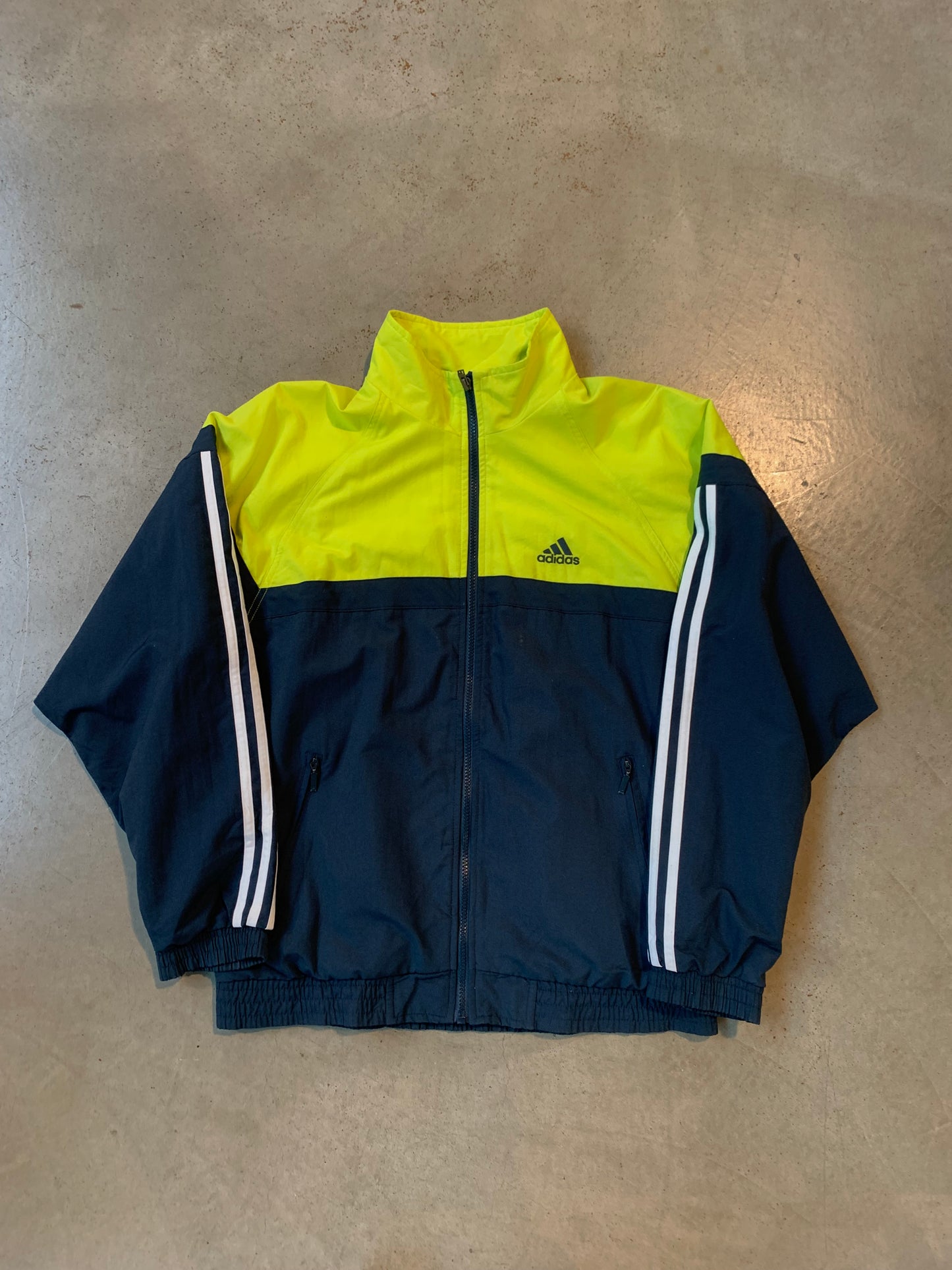Vintage Adidas Neon Yellow and Navy Blue Colorblock Track Jacket