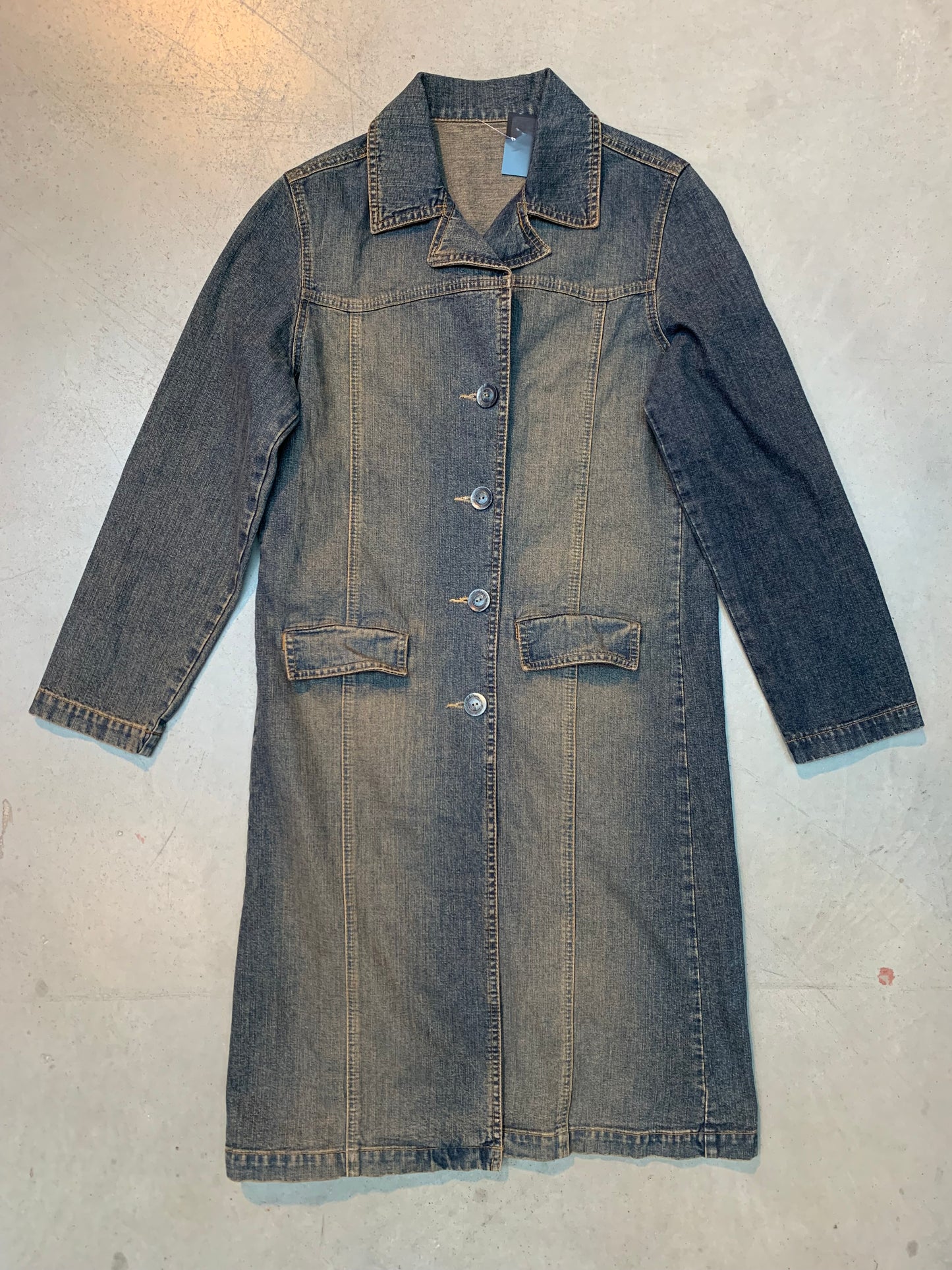 Vintage Women's Long Denim Coat with Classic Button-Up Front