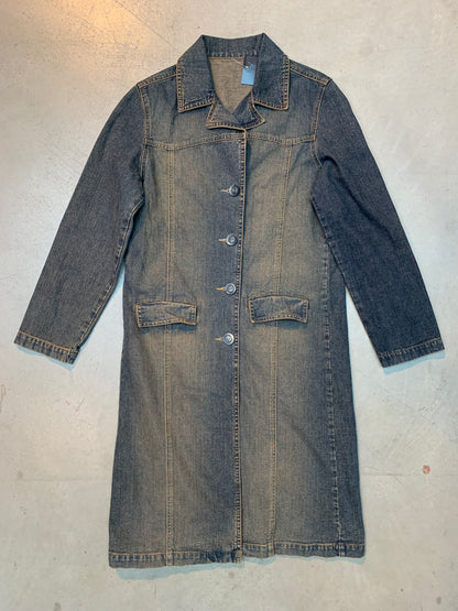 Vintage Women's Long Denim Coat with Classic Button-Up Front