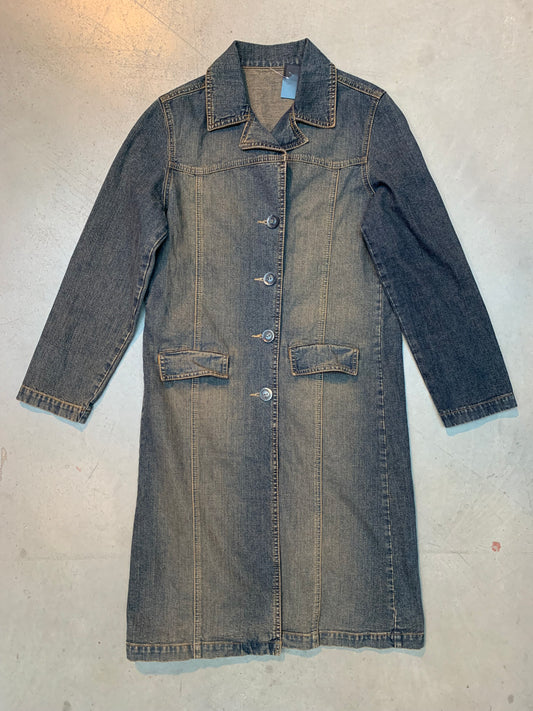 Vintage Women's Long Denim Coat with Classic Button-Up Front