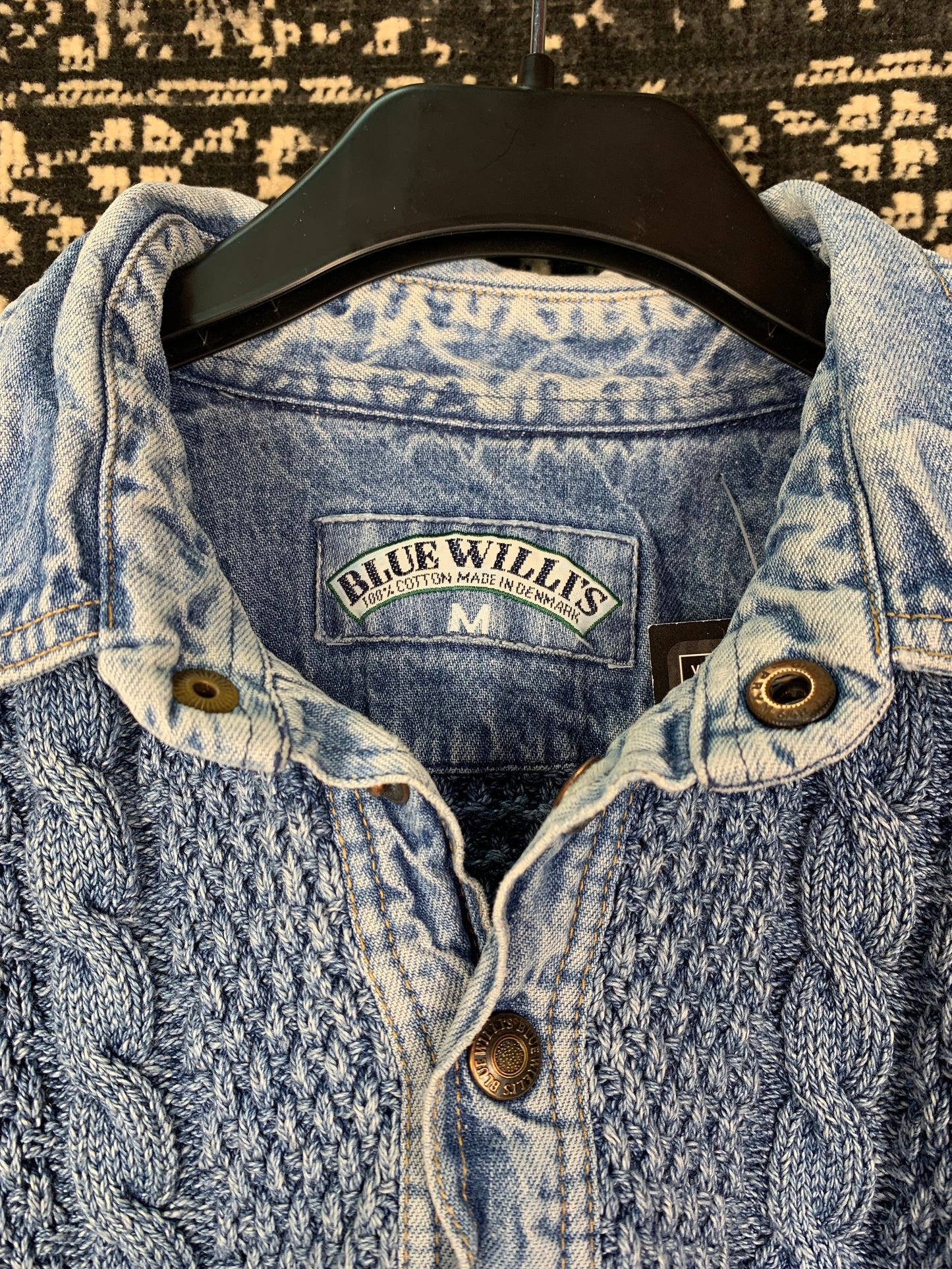 Men’s Vintage Blue Chunky Knit Sweater with Denim Collar