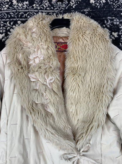 Derhy Y2K Cream Faux Fur Collar & Cuff Jacket