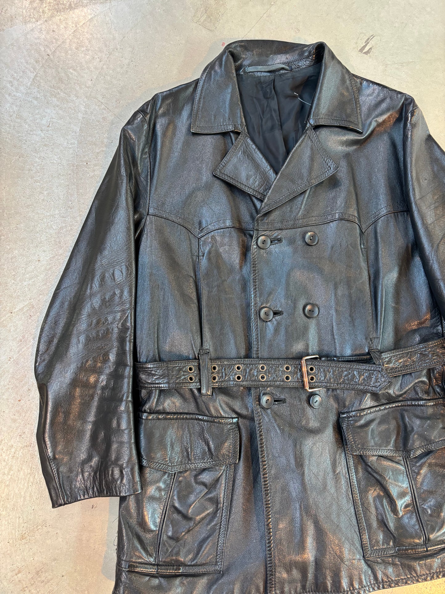 Vintage Black Leather Trench Coat