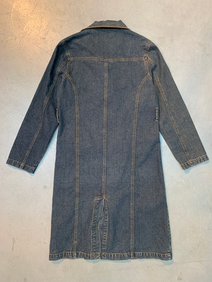 Vintage Women's Long Denim Coat with Classic Button-Up Front