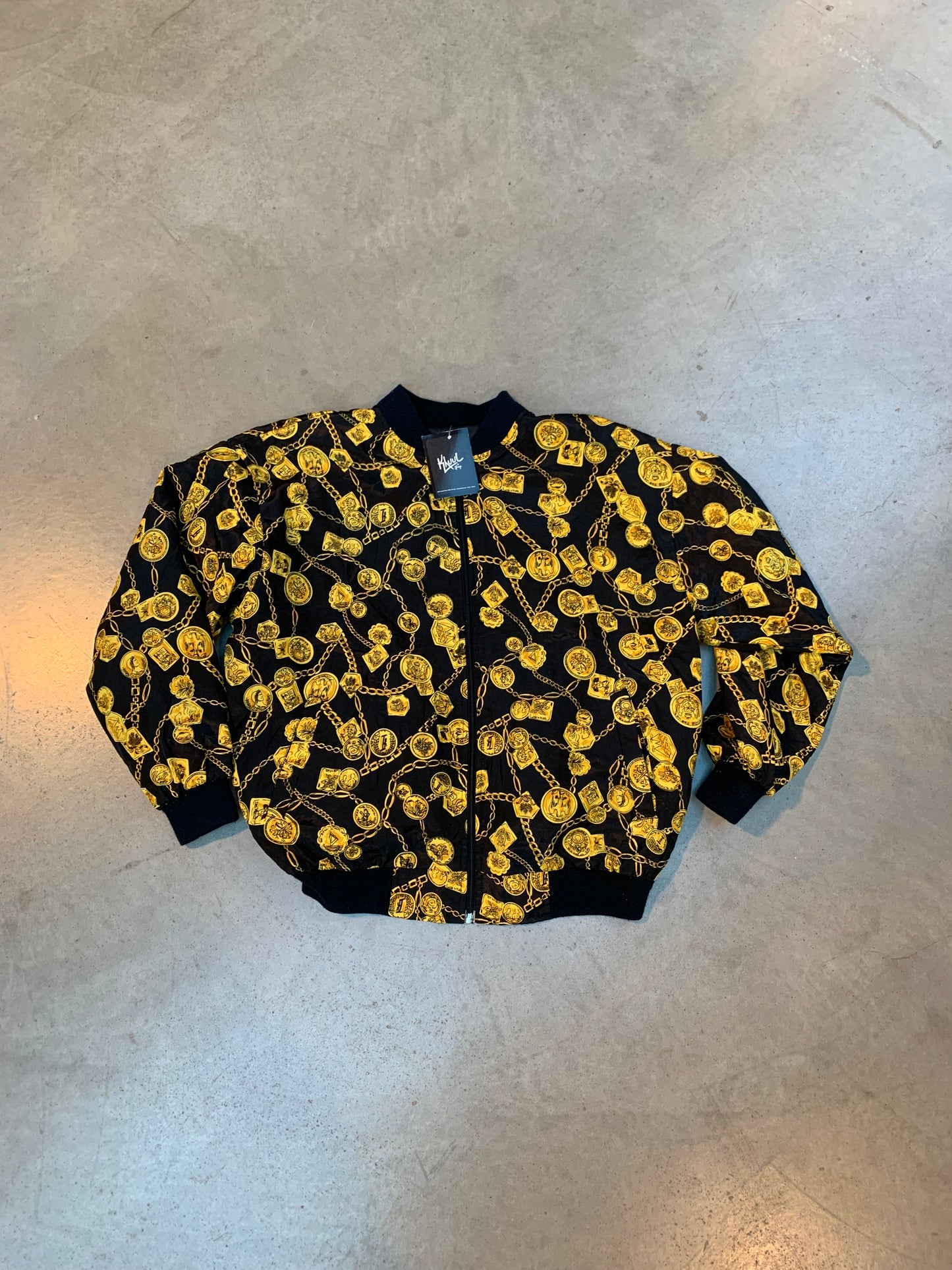 Vintage Black Bomber Jacket With Gold Chain