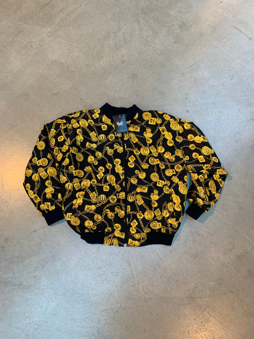 Vintage Black Bomber Jacket With Gold Chain