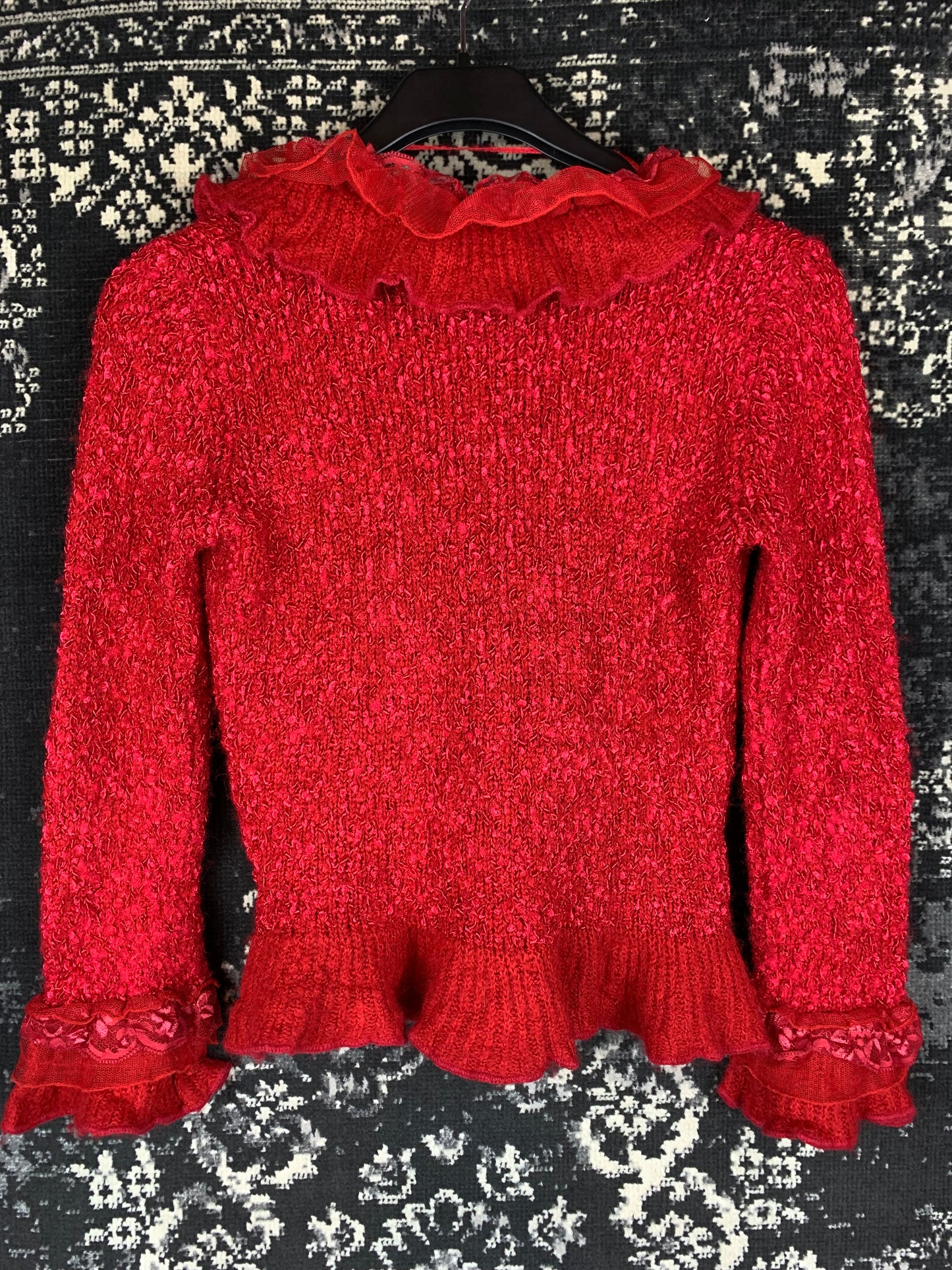 Romantic Vintage Red Knit Cardigan with Ruffle Trim