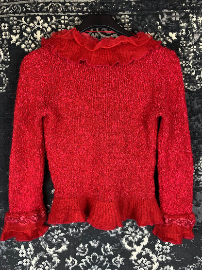 Romantic Vintage Red Knit Cardigan with Ruffle Trim