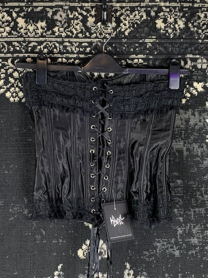 Women's Vintage Inspired Black Satin Lace-Up Corset Top