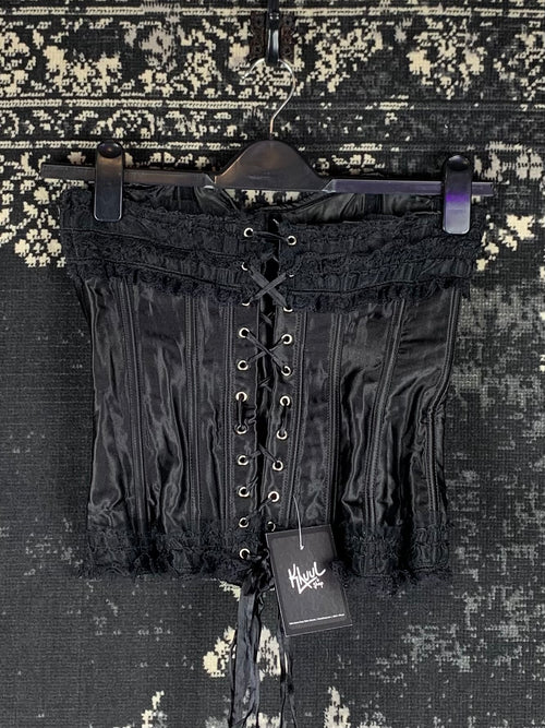 Women's Vintage Inspired Black Satin Lace-Up Corset Top