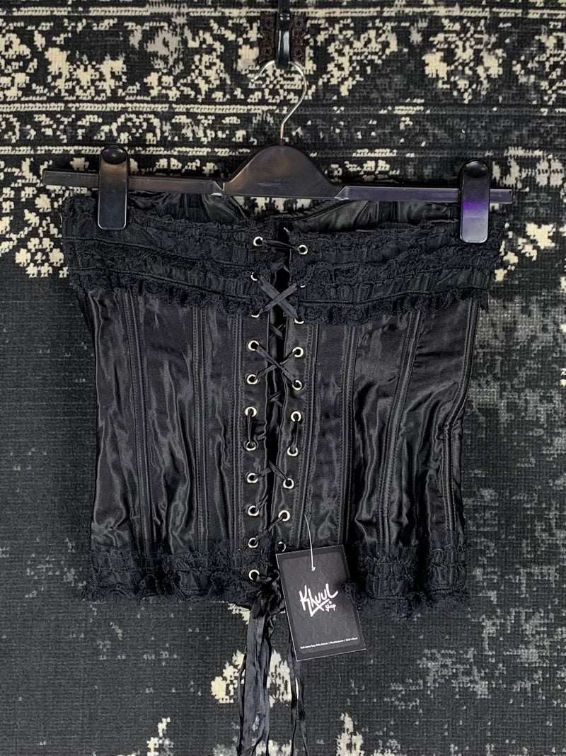 Women's Vintage Inspired Black Satin Lace-Up Corset Top