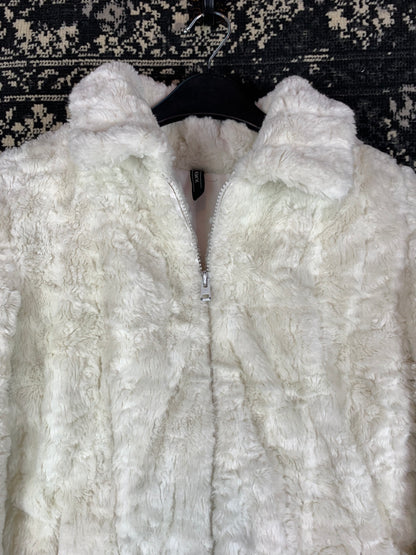 Womens White Faux Fur Zip Up Jacket