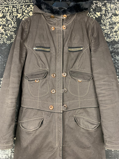 Y2K Style Brown Long Utility Coat for Women with Faux Fur Hood