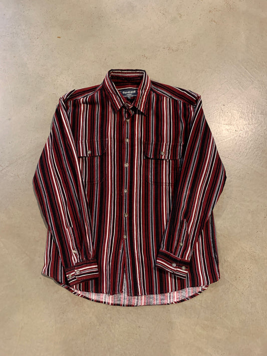 "SPEED jeans" Red, White, Black and Grey Striped Long Sleeve Button Up Shirt
